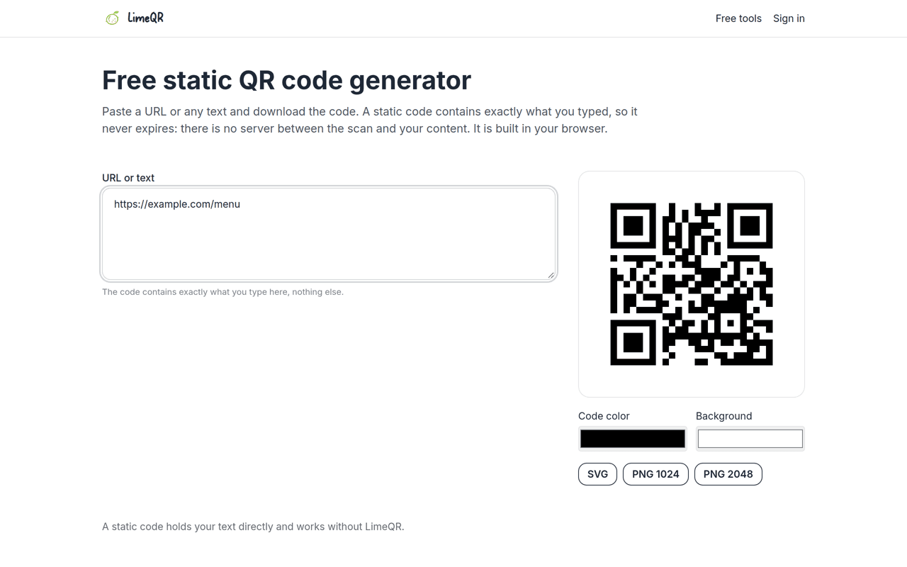LimeQR screenshot (sample data)