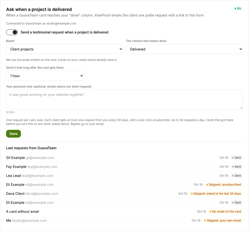KiwiProof "Ask when a project is delivered" settings: GuavaTeam board, the column that means done, the delay and the last requests