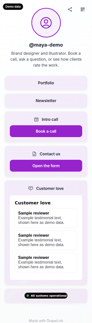A GrapeLink page on a phone with a booking button, a form, testimonials and a status badge