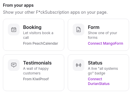 GrapeLink "From your apps" picker with Booking, Form, Testimonials and Status