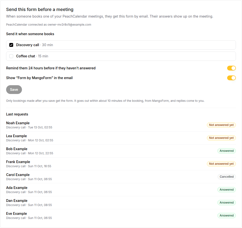 MangoForm "Send this form before a meeting" settings: meeting types, the 24-hour reminder and the last requests