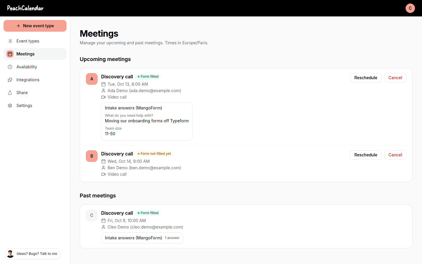 PeachCalendar Meetings with "Form filled" and "Form not filled yet", and the MangoForm answers under a meeting