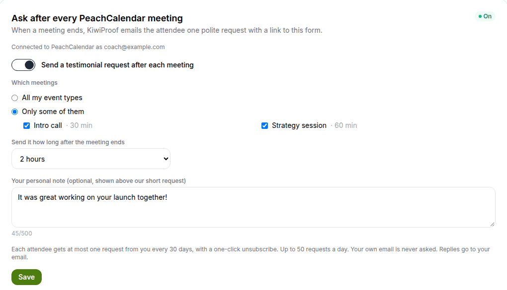 KiwiProof settings: send a testimonial request after each PeachCalendar meeting