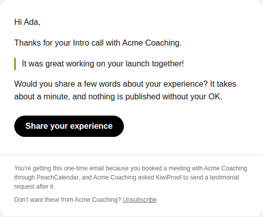 The testimonial request email an attendee receives after a meeting