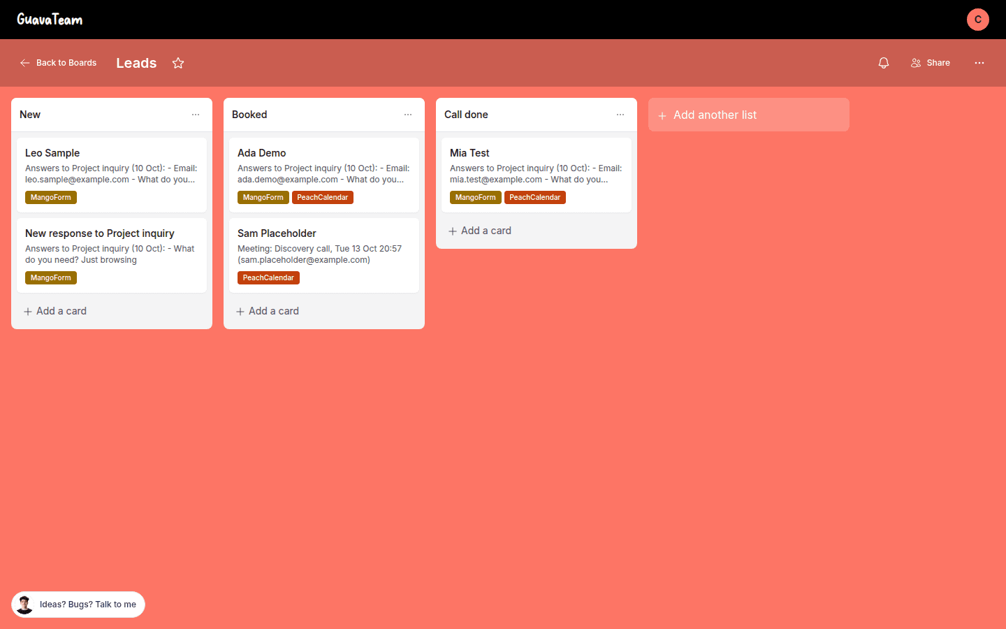 GuavaTeam Leads board with New, Booked and Call done columns and cards labelled MangoForm and PeachCalendar