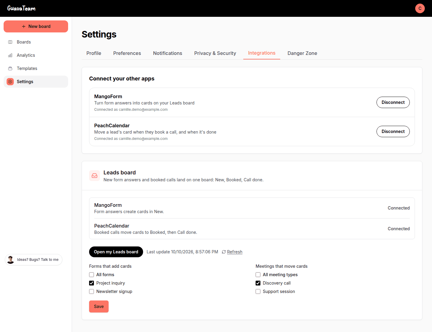 GuavaTeam Settings, Integrations: MangoForm and PeachCalendar connected, the Leads board and the forms and meetings it uses