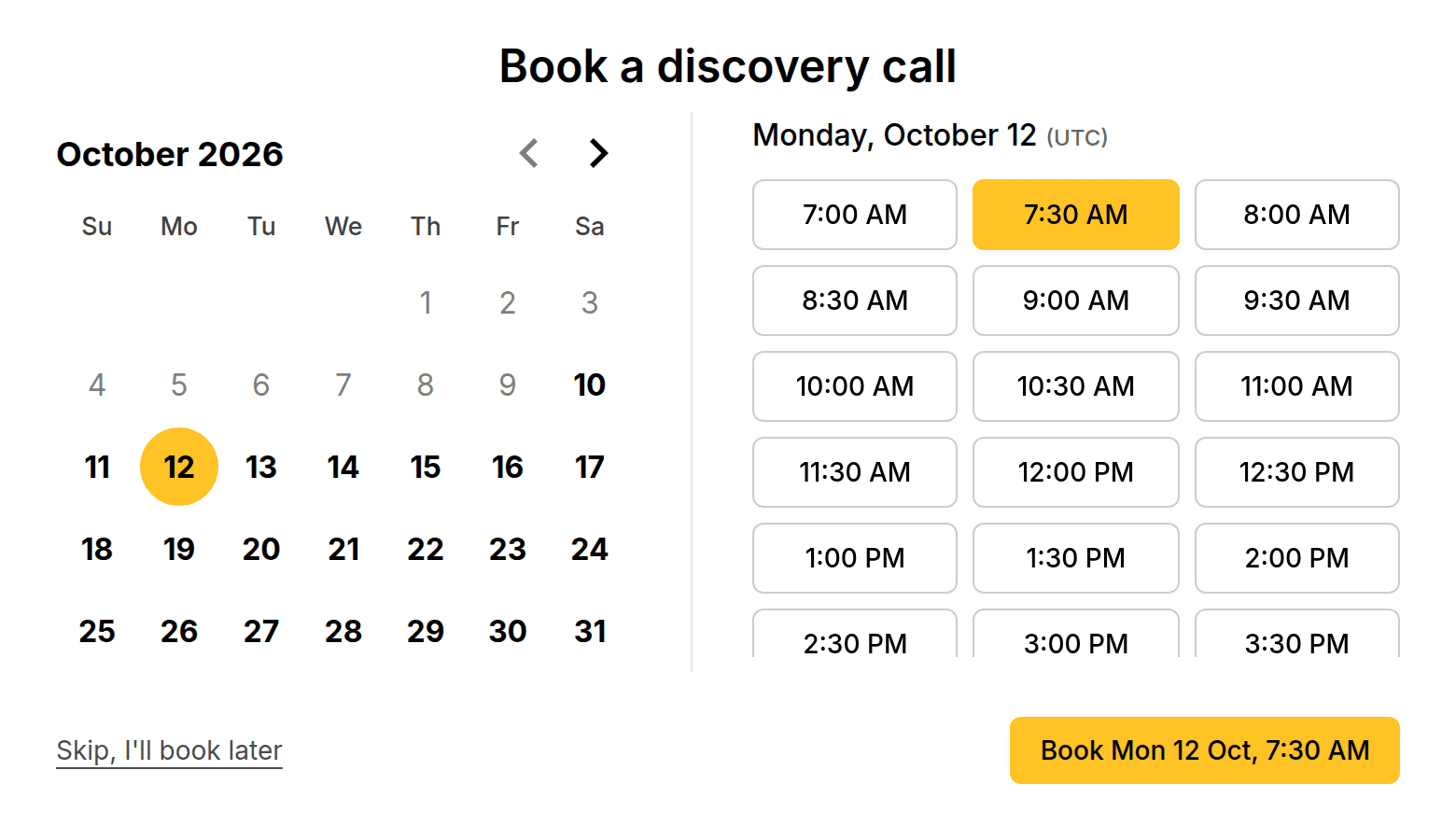 MangoForm form showing the "Book a discovery call" step with a calendar and free times