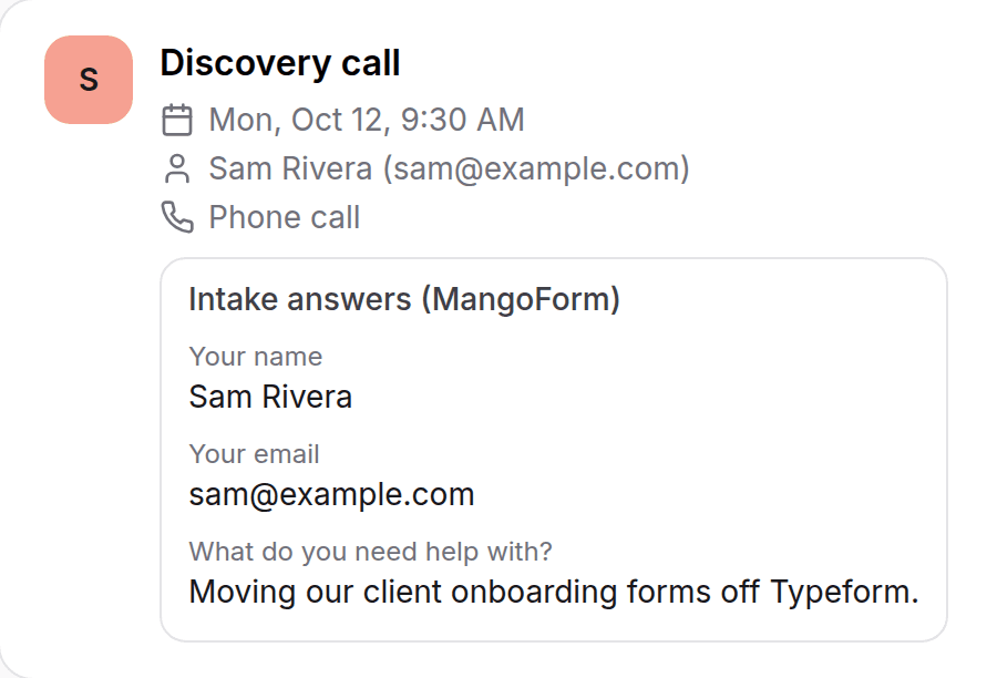 PeachCalendar meeting with the MangoForm intake answers attached
